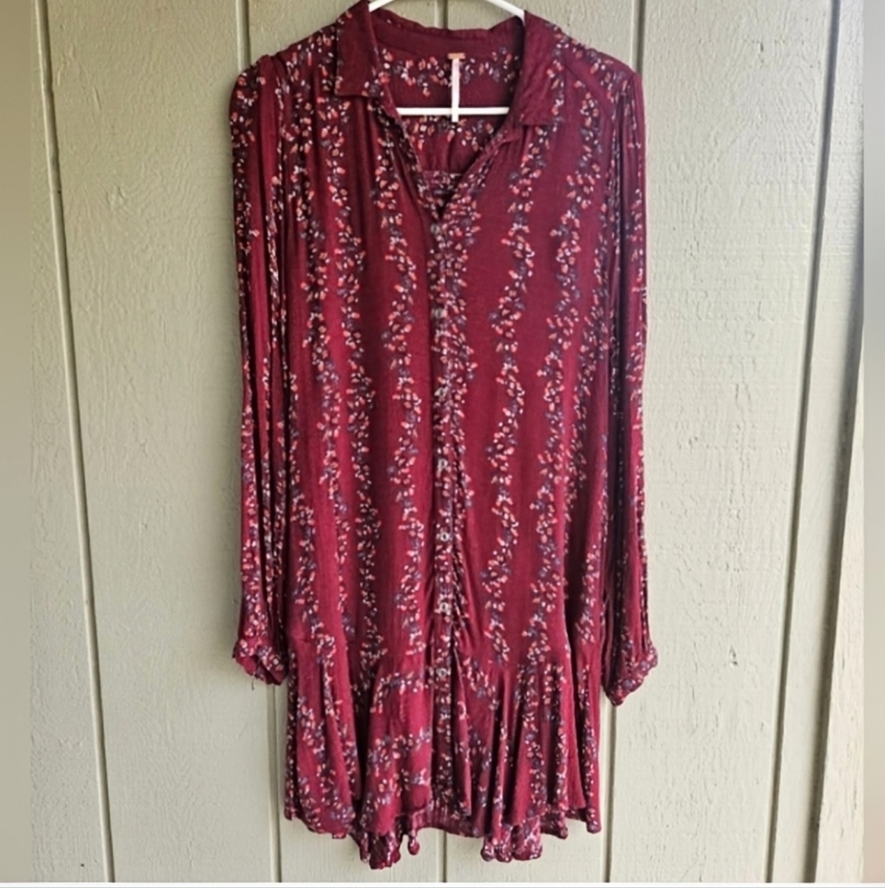 Free People Slubby Crinkle Floral Button Down Shirt Dress - Picture 4 of 4